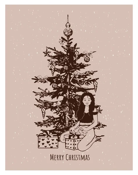 Christmas Card Vector Sketch Black Girl Sits Christmas Tree African — Wektor stockowy