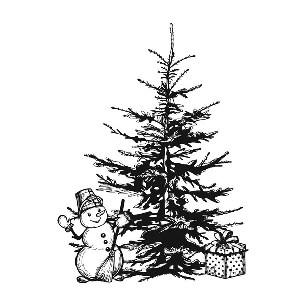 Snowman Waving Hand Gift Boxes Christmas Tree Christmas Tree Vector Wektory Stockowe bez tantiem