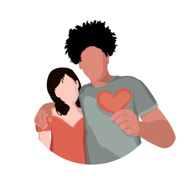 Afrikalı Amerikalı erkek ve beyaz kadın düz stil. Yüzü olmayan çift. Birkaç farklı ten rengi. Bir adam ve bir kız kameraya bakıyor. Erkek ve kız kucaklaşması. Vektör çizimi. er