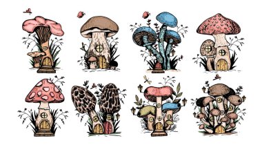 karikatür mantar evi çizim vektörü. Pencereli ve kapılı harika mantarlar. Çocuk boyama vektörü. boyama. Vektör. eps