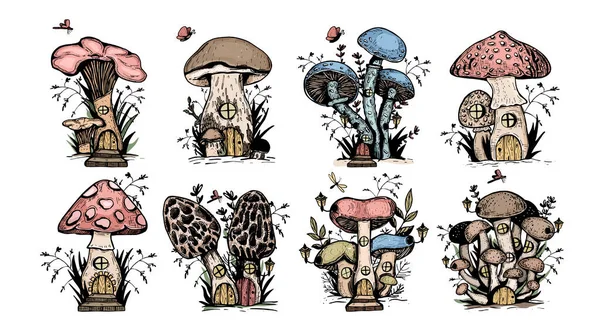 Dessin Animé Champignon Maison Dessin Vecteur Champignons Fantastiques Avec Fenêtres — Image vectorielle