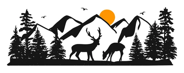 Silhouette Cerf Sur Fond Montagnes Vecteur Forestier Silhouette Vectorielle Paysage — Image vectorielle