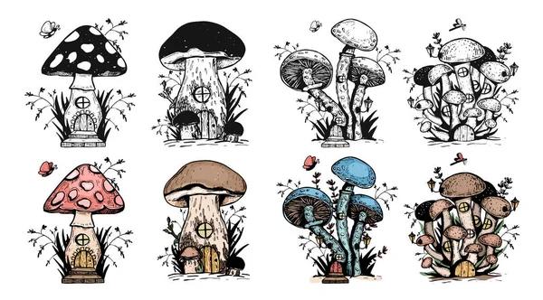 Desenho Animado Casa Cogumelo Vetor Esboço Vetor Casa Cogumelos Cogumelos — Vetor de Stock