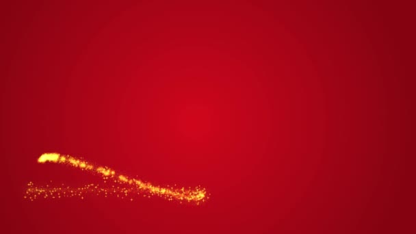 Convite de cartão postal de animação de Natal com árvore de Natal dourada desenhando-se e desejando Feliz Natal e Feliz Ano Novo em fogos de artifício no fundo vermelho. Parabéns, cartões postais, desejos — Vídeo de Stock