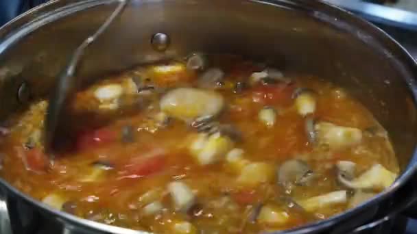 スープの準備。キノコとトマト野菜スープを攪拌するスプーン.レシピと料理のコンセプト — ストック動画