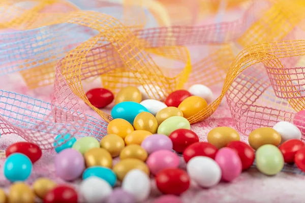 Almond candies.Colorful candies background top view, almond sweets. Sugar Feast, (Feast of Ramadan) Ramadan concepts.