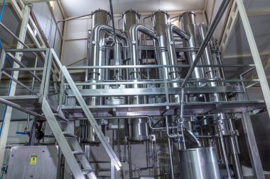 Modern mandıra tesislerinde teknolojik ekipman. Süt ürünleri üretimi. Fabrika, fabrika faaliyet modunda. Üretimin otomasyonu, taşıyıcılar.