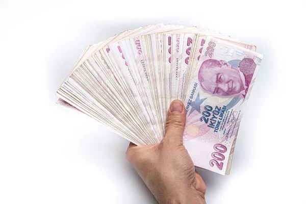 Homem Contar Dinheiro Turco Com Mão Notas Lira Turcas — Fotografia de Stock