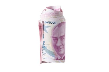 Türk Lirası banknotu. Beyaz arkaplanda 200 Türk lirası izole edilmiş.