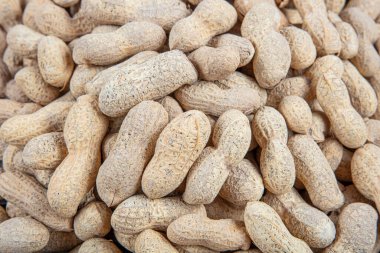 Kabuklu fıstık. Ayrıca yer fıstığı ya da yer fıstığı. Bir yığın kabuksuz, kavrulmuş Arachis hipogaea, atıştırmalık, yağ hasadı ve tahıl sürahisi olarak kullanılır. Makro yemek fotoğrafı. Yukarıdan yakın çekim..