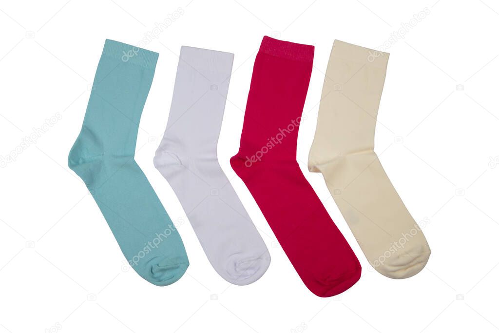 Flat socks.Long sock, elastic colorful fabric and striped Xmas warm ankle or sport feet cotton or wool comfort clothes. Socks are scattered on a bright background. Socks of different types and sizes.
