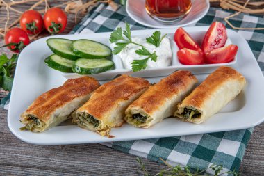 Beyaz tabakta ıspanaklı Türk çorbası. Geleneksel Türk hamur işi, rulo borek. Ispanak Borek, domates, salatalık ve çay..