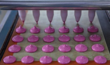 Makaron üretimi. Pembe hamurun hazırlanması. Paslanmaz bir kasede pembe tereyağlı makarna. Modern gümüş mutfak tezgahı karıştırıcısı badem kurabiyesi için hamur karıştırıyor..