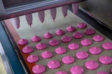 Makaron üretimi. Pembe hamurun hazırlanması. Paslanmaz bir kasede pembe tereyağlı makarna. Modern gümüş mutfak tezgahı karıştırıcısı badem kurabiyesi için hamur karıştırıyor..