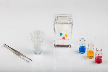 İnce katman kromatografi ekipmanları kavanoz, silis jeli, kılcal damar ve bileşikleri içerir. Kimya laboratuvarındaki bileşiklerin saflık analizinde kullanılan TLC yöntemi.