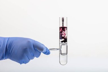 Siyah reaksiyonlu test tüpü ve yakın plan pipet. Elinde test tüpünde renkli sıvı var. Cam pipetten test tüpüne siyah sıvı damlası, beyaz üzerinde izole edilmiş. .