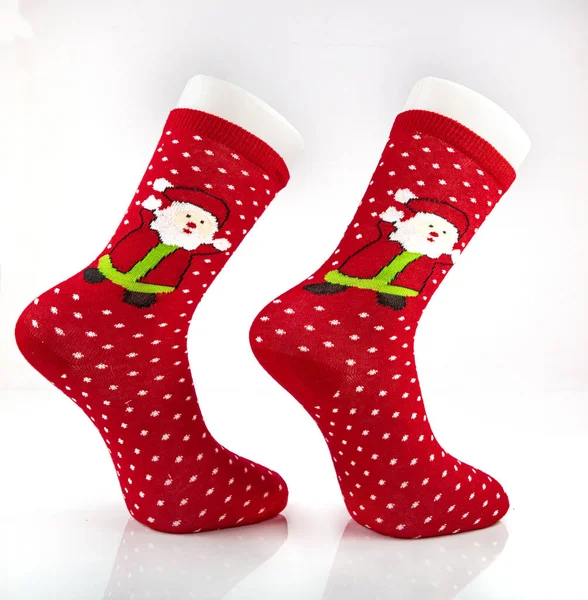 Calcetines Punto Rojo Con Dibujos Navideños Los Calcetines Hermosos Invernales — Foto de Stock