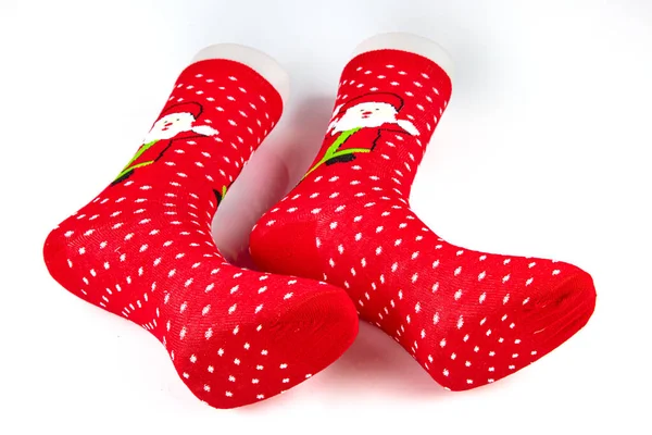 Calcetines Punto Rojo Con Dibujos Navideños Los Calcetines Hermosos Invernales — Foto de Stock