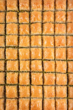 Geleneksel Türk Pastası Tatlı Fıstık Baklava. Baklava dükkanı. Türk şam fıstığı ve yufka tatlısı, tepside şam fıstığı baklavası.