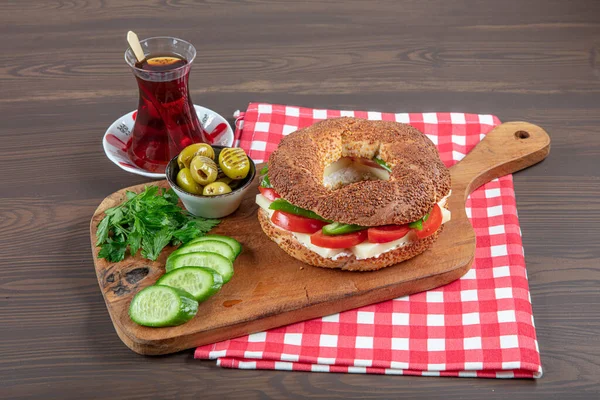 Sanduíche Turca Bagel Simit Bagel Vegan Feito Casa Com Queijo — Fotografia de Stock