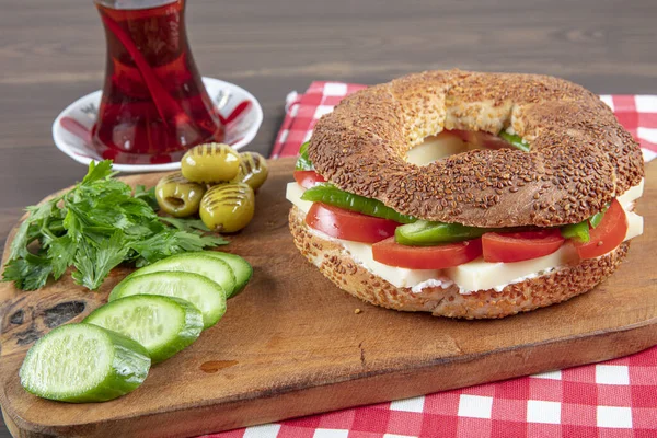 Sandwich Turc Bagel Simit Bagel Végétalien Fait Maison Avec Fromage — Photo