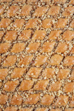 Ceviz Türk Tarzı Antep Baklava Sunumu. Türk mutfağından Baklava. El yapımı. Bir tepsi ceviz baklavası..