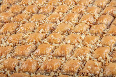 Ceviz Türk Tarzı Antep Baklava Sunumu. Türk mutfağından Baklava. El yapımı. Bir tepsi ceviz baklavası..