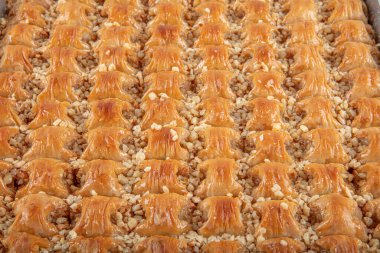 Geleneksel Türk tatlıları Baklava. Tepside ceviz olan baklava. Ramazan bayramı için cevizli taze fırında baklava..