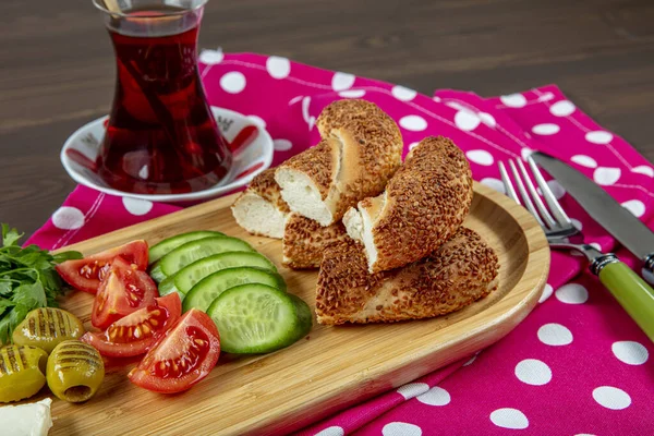 Turkish Breakfast Simit Cheese Cherry Tomato Cucumber Black Olives Tea — Photo