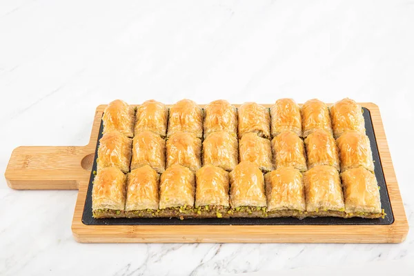 Turkish Style Pistachio Baklava Presentation Service Baklava Marble Floor — Photo