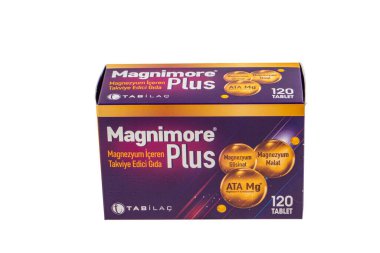 Istanbul, Turkey - December 12, 2022 ; Magnimore Plus is a magnesium supplement vitamin. Magnesium mineral food supplement. Original box sold in Turkey.