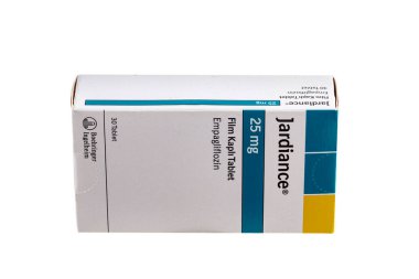 Istanbul, Turkey - December 12, 2022; Jardiance box 25 mg box for diabetes (DM) or high blood sugar in pharmacy. Isolated on a white background.