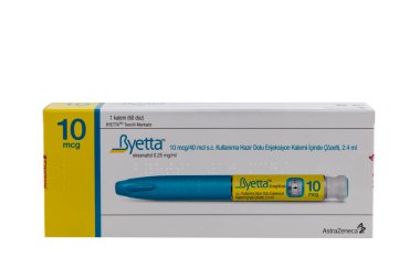 Istanbul, Turkey - December 12, 2022; Byetta 10 mg Insulin group comes out of a drug for diabetics. Diabetes medications. Byetta 10 mg box. Diabetes disease.