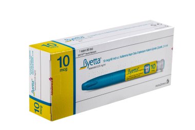 Istanbul, Turkey - December 12, 2022; Byetta 10 mg Insulin group comes out of a drug for diabetics. Diabetes medications. Byetta 10 mg box. Diabetes disease.