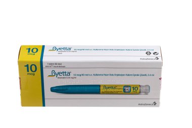 Istanbul, Turkey - December 12, 2022; Byetta 10 mg Insulin group comes out of a drug for diabetics. Diabetes medications. Byetta 10 mg box. Diabetes disease.