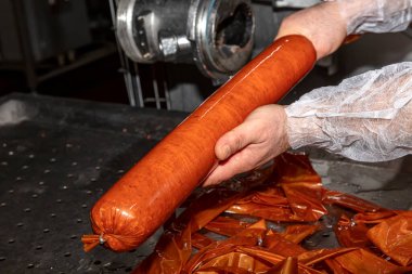Arka planda tanınmayan işçilerle birlikte sosis üreten bir fabrika. Sosis üretim hattında. Endüstriyel sosis üretimi. Et üretim fabrikası. Kalite denetimi
