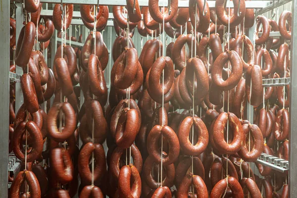 Roduction Sausage Products Sausages Factory Storage Dried Sausage Hanging Rope — Stock Photo, Image