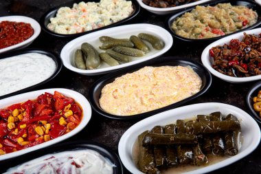 Akdeniz aperatif konsepti. Geleneksel Türk mutfağı. Pancar, zeytin, humus, dolma biber, turşu, dolma yaprak, kavrulmuş biber ve kızarmış yumurta ile Orta Doğu mezeleri..