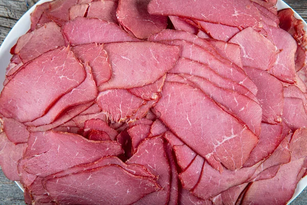 Carne Seca Procesada Jerky Sobre Fondo Textura Fondo Varias Piezas — Foto de Stock