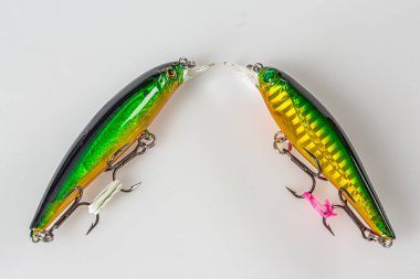 Balık Lure (Wobbler) beyaz arka planda cezbedici balıkçılık. Bir sürü balık oltası, sahte yem, yapay yem. Kanca ve Sinker ile Silikon Balıkçılık Twister Koleksiyonu.