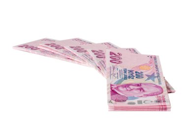 Türk Lirası banknotu. Beyaz arkaplanda 200 Türk lirası izole edilmiş