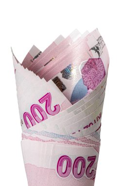 Türk Lirası banknotu. Beyaz arkaplanda 200 Türk lirası izole edilmiş