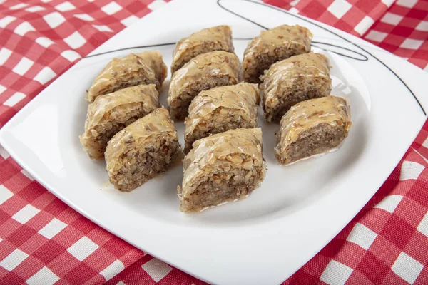 Traditional Turkish Dessert Walnut Baklava Walnuts Tea Wooden Table Food — Stock Photo, Image