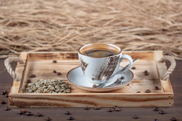 Hot Coffee Coffee Cup Many Coffee Beans Placed Wooden Table — Stock Photo, Image