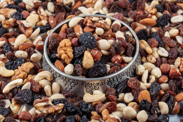 Mixed nuts. Background of various nuts (almond, cashew, hazelnut, pistachio, walnut). Vegetarian meal. Healthy eating concept