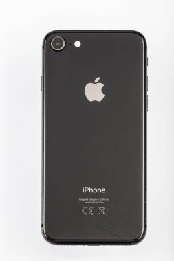Istanbul Turkey; 23 July 2022: An Apple iPhone 8 Plus device isolated on white background. Realistic, mobile smart phone collection.Used phone, there are scratches on the screen and phone case.