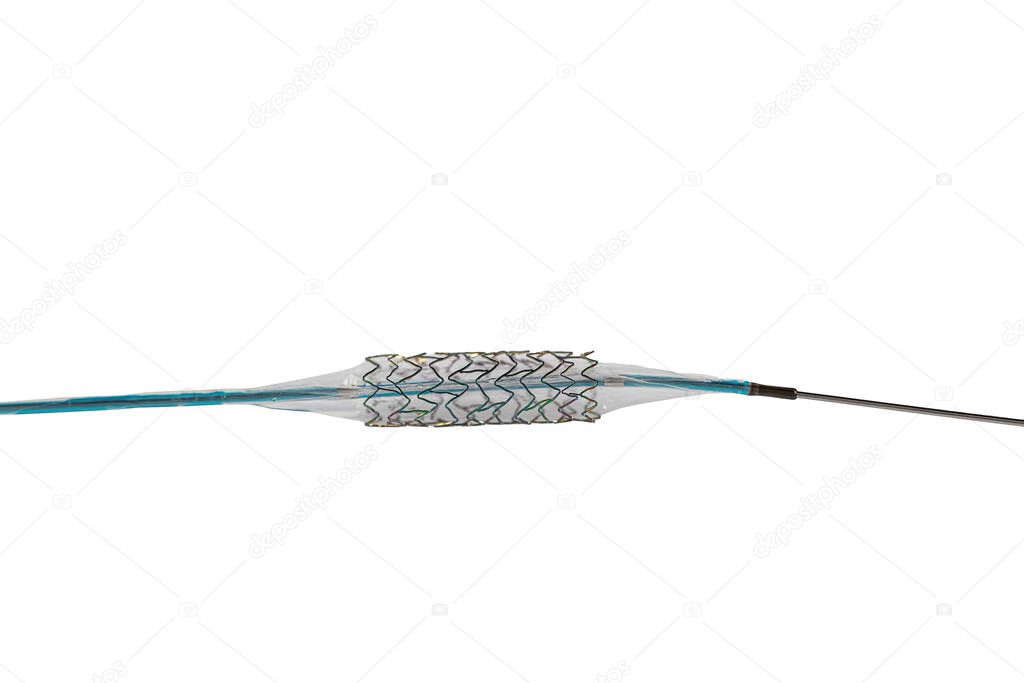Heart Stent angioplasty. Stent and catheter for implantation into blood vessels with an empty and filled balloon. High resolution photo isolated on a white background.