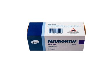 Istanbul, Turkey, 11 August 2022; Pfizer Neurontin Box of 400Mg Neurontin Gabapentin tablets for the treatment of peripheral neuropathic pain such as painful diabetic neuropathy.