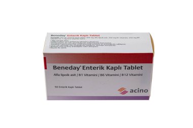 Turkey,Istanbul ; August ,15,2022  ; Beneday ; B vitamin complex,Alpha Lipoic Acid Capsules 600mg,B1,B6 and B12 complex. it is a highly bioavailable fat-soluble form and derivative of thiamine that helps supp