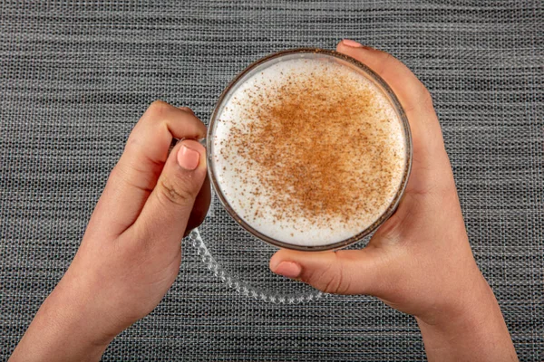 Woman Hand Holding White Cup Hot Milk Drink Cinnamon Called — Stock Photo, Image